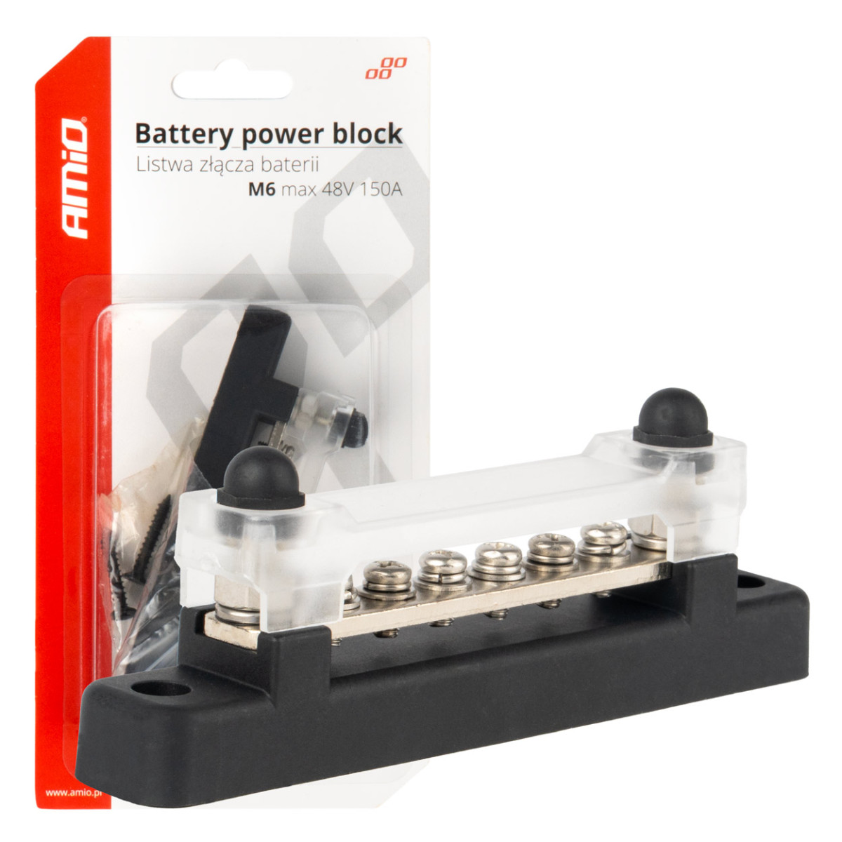 Negative pole power distribution block with 6 M6 screws, Bus Bar 12/24/48V 150A, AMIO-03809