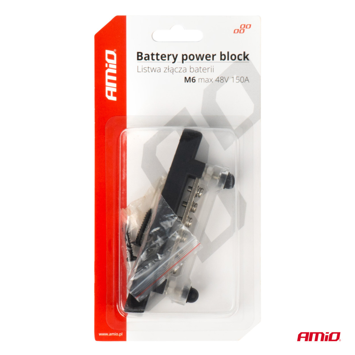 Negative pole power distribution block with 6 M6 screws, Bus Bar 12/24/48V 150A, AMIO-03809
