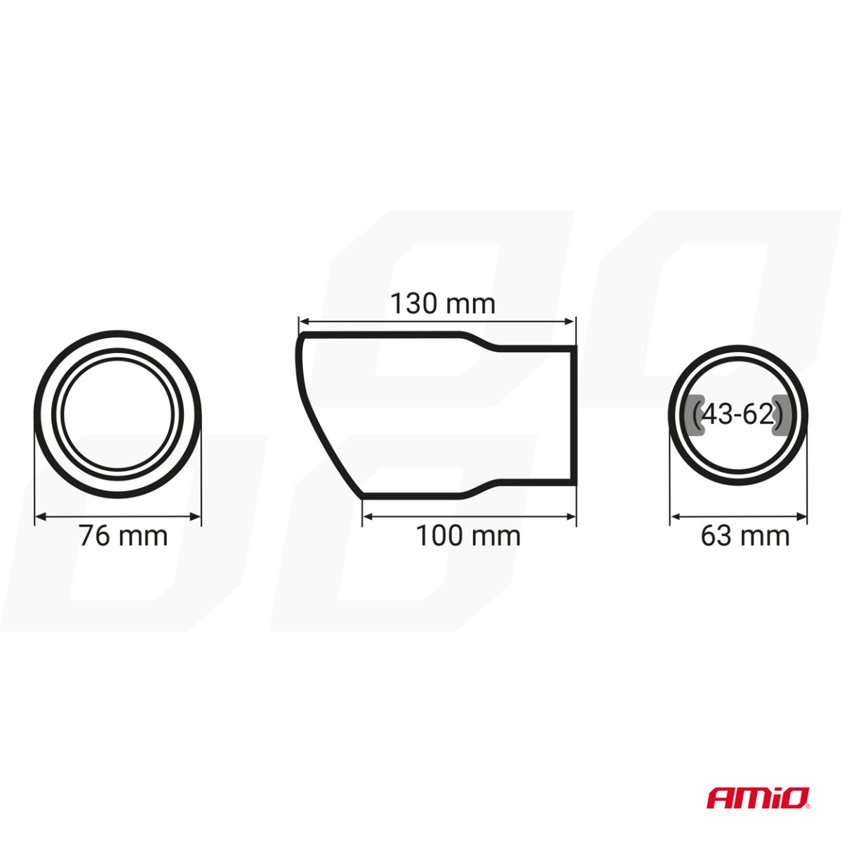 Muffler tip 43-62 mm, stainless steel, chrome plated, AMIO-02348