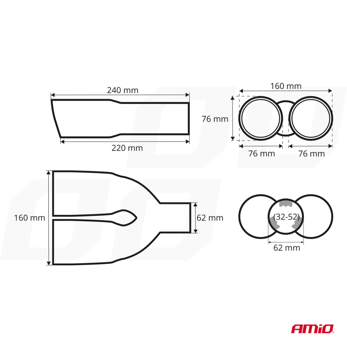 Muffler tip 32-52 mm, stainless steel, chrome plated, AMIO-02646