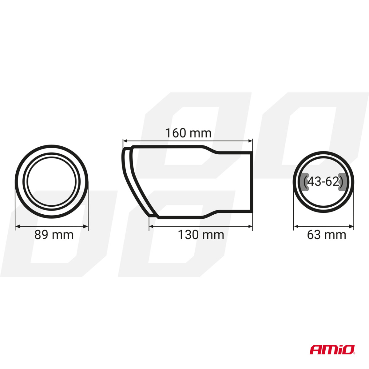 Muffler tip 43-62 mm, stainless steel, black, AMiO-03169