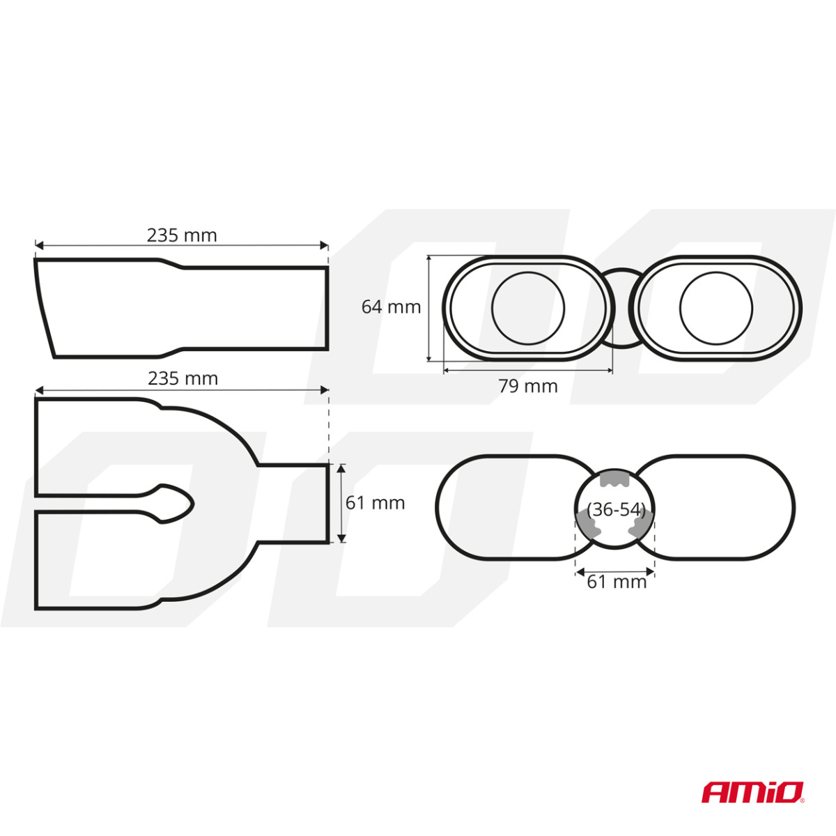 Muffler tip 36-54 mm, stainless steel, chrome-plated AMiO-03170