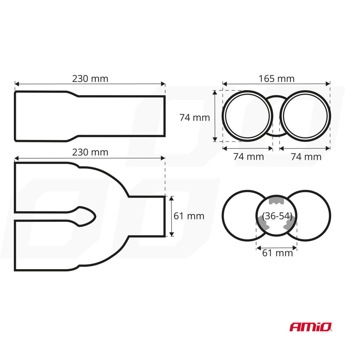 Muffler tip 36-54 mm, stainless steel, chrome plated, AMIO-01308