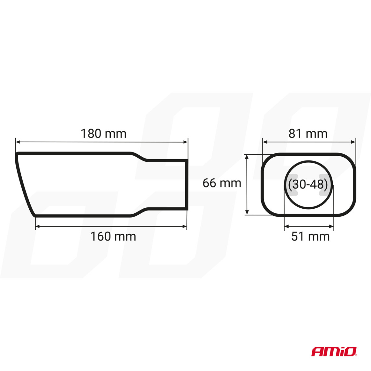 Muffler tip 30-48 mm, stainless steel, chrome plated, AMIO-01315