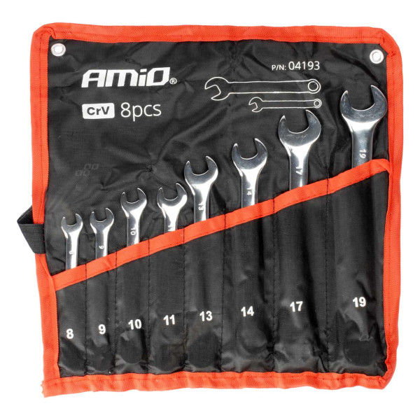 Set of ring and flat wrenches, 8 pcs., 8-19 mm, CRV AMIO-04193