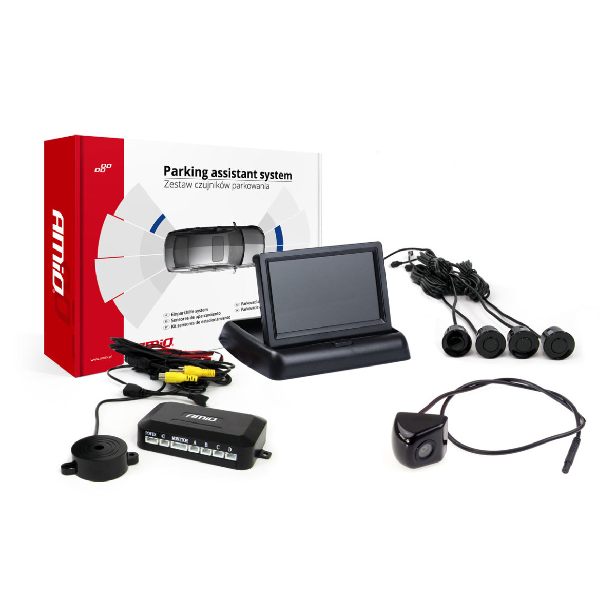 Parking assistance system 4.3 TFT02 with FLIP-UP CAM-310 camera, 4 black sensors 22 mm