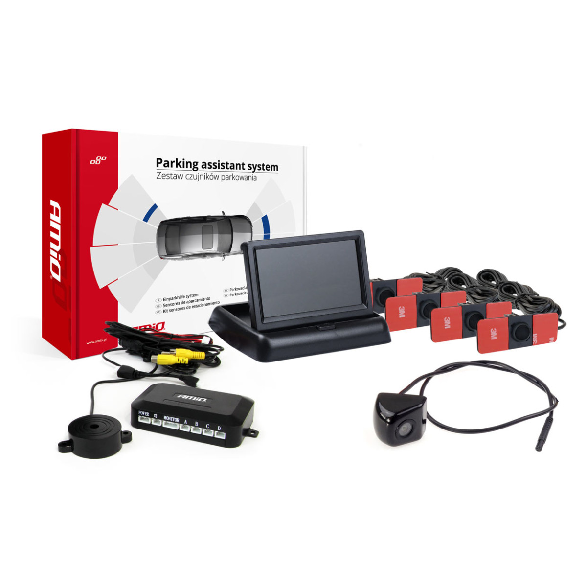 Parking assistance system 4.3 TFT02 with FLIP-UP CAM-310 camera, 4 black sensors, internal mounting 16.5 mm