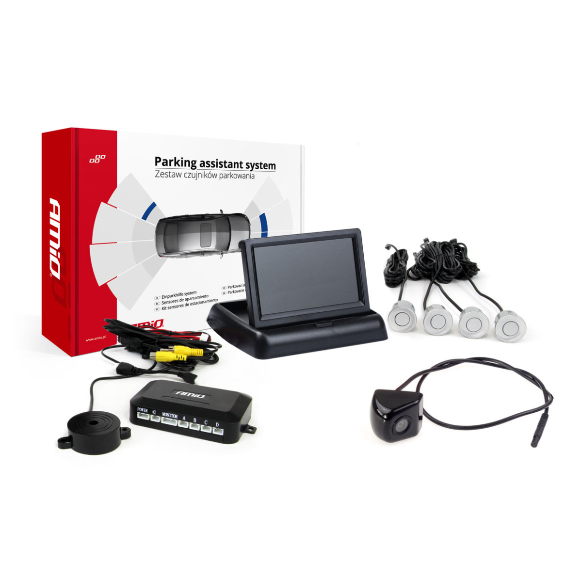 Parking assistance system TFT02 4.3" with FLIP-UP CAM-310 camera, 4 silver sensors 22 mm