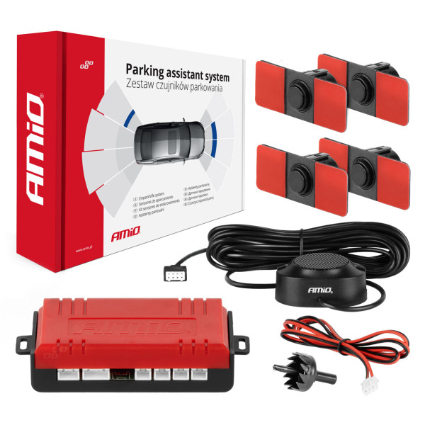 Parking assistance system with sound signal, 4 black sensors, internal installation 16.5 mm AMIO-02253