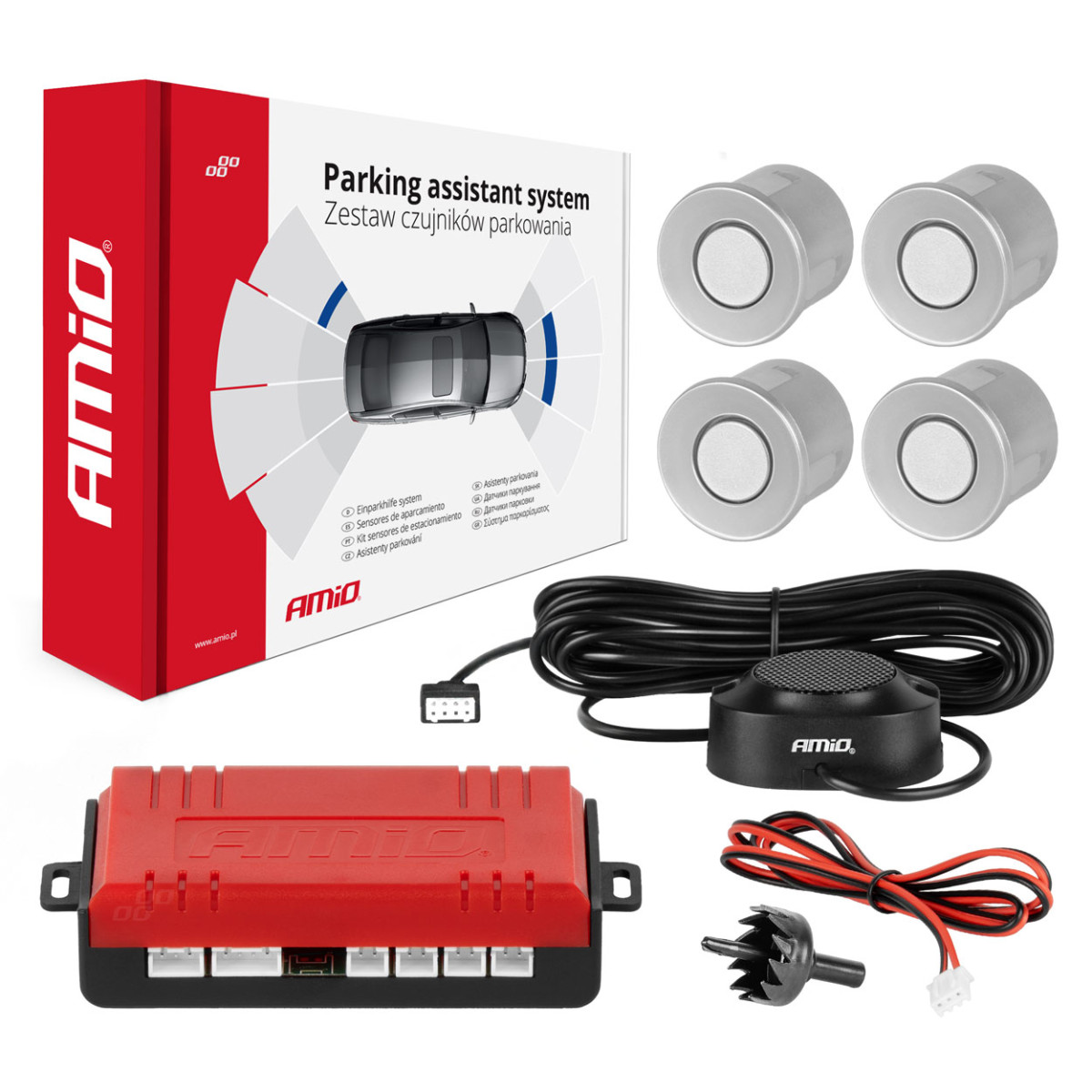 Parking assistance system with sound signal, 4 silver sensors 22 mm AMIO-01021