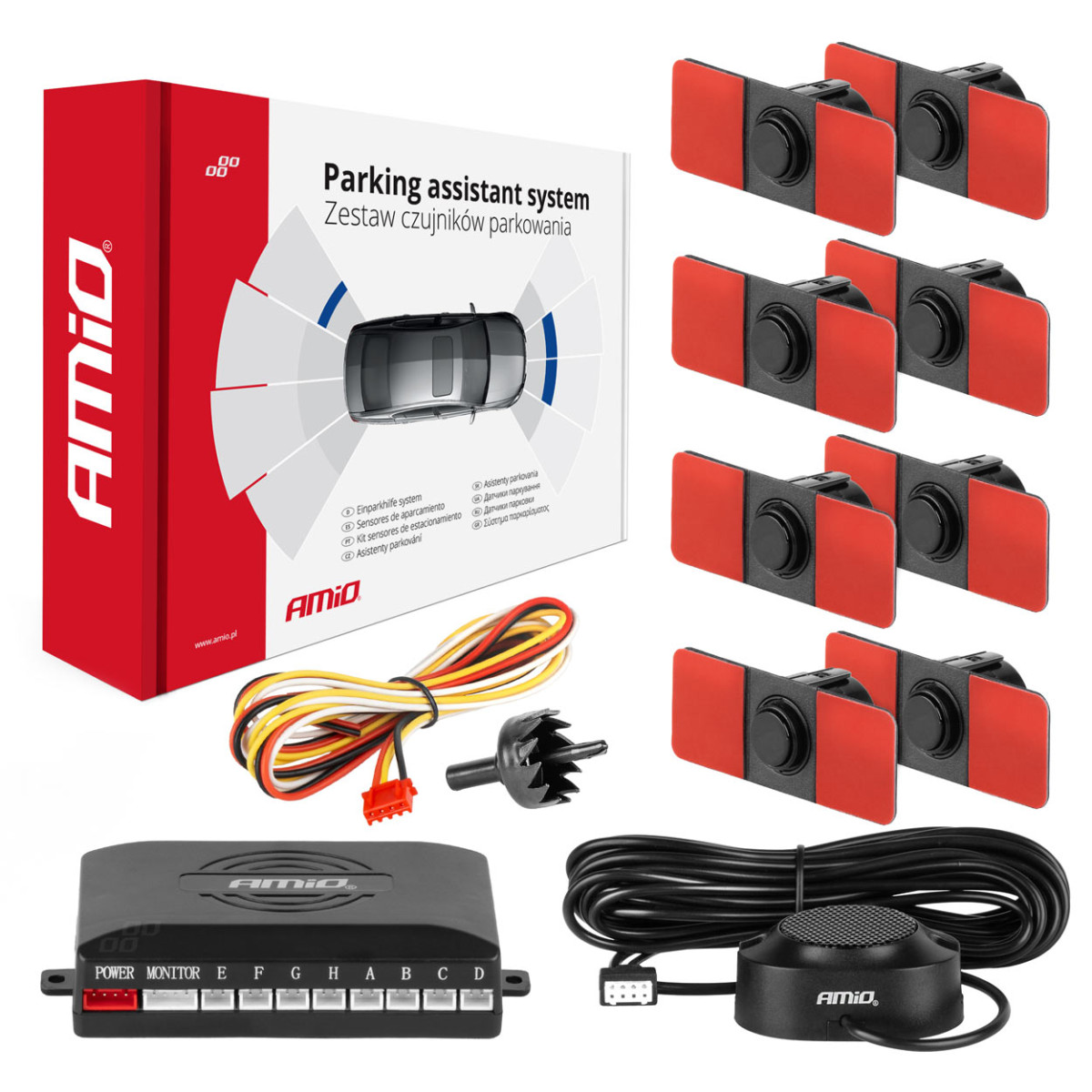 Parking assistance system with sound signal, 8 black sensors, internal mounting 16.5 mm AMIO-02254