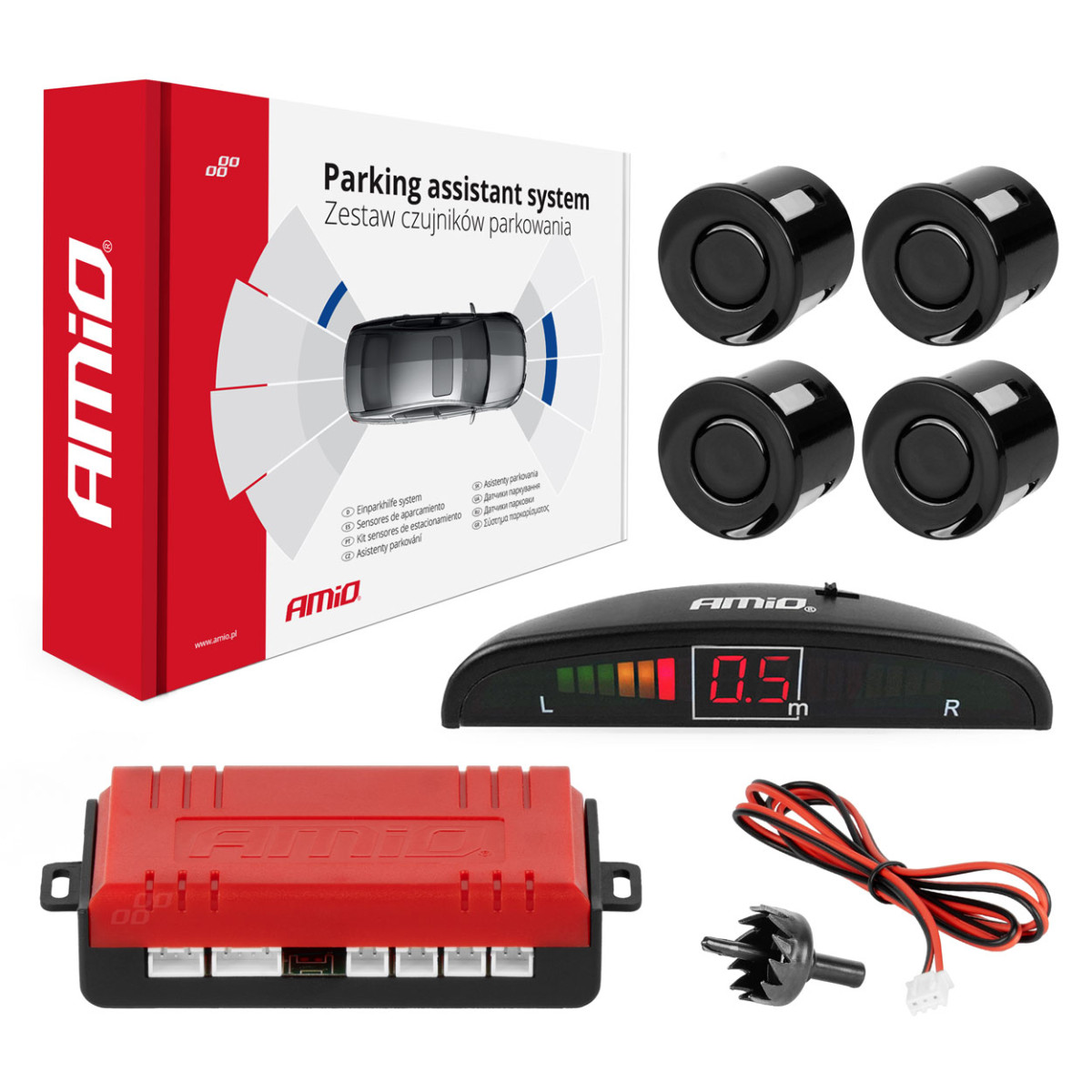 Parking assistance system LED, 4 black sensors 22 mm AMIO-01565