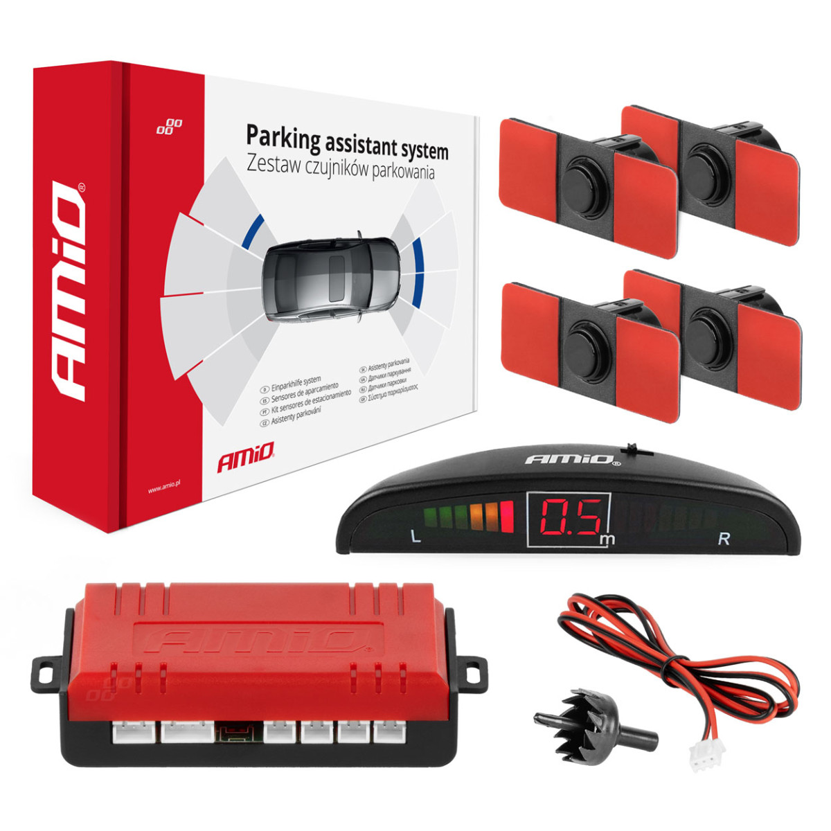 Parking assistance system LED, 4 black sensors, internal mounting 16.5 mm AMIO-02255