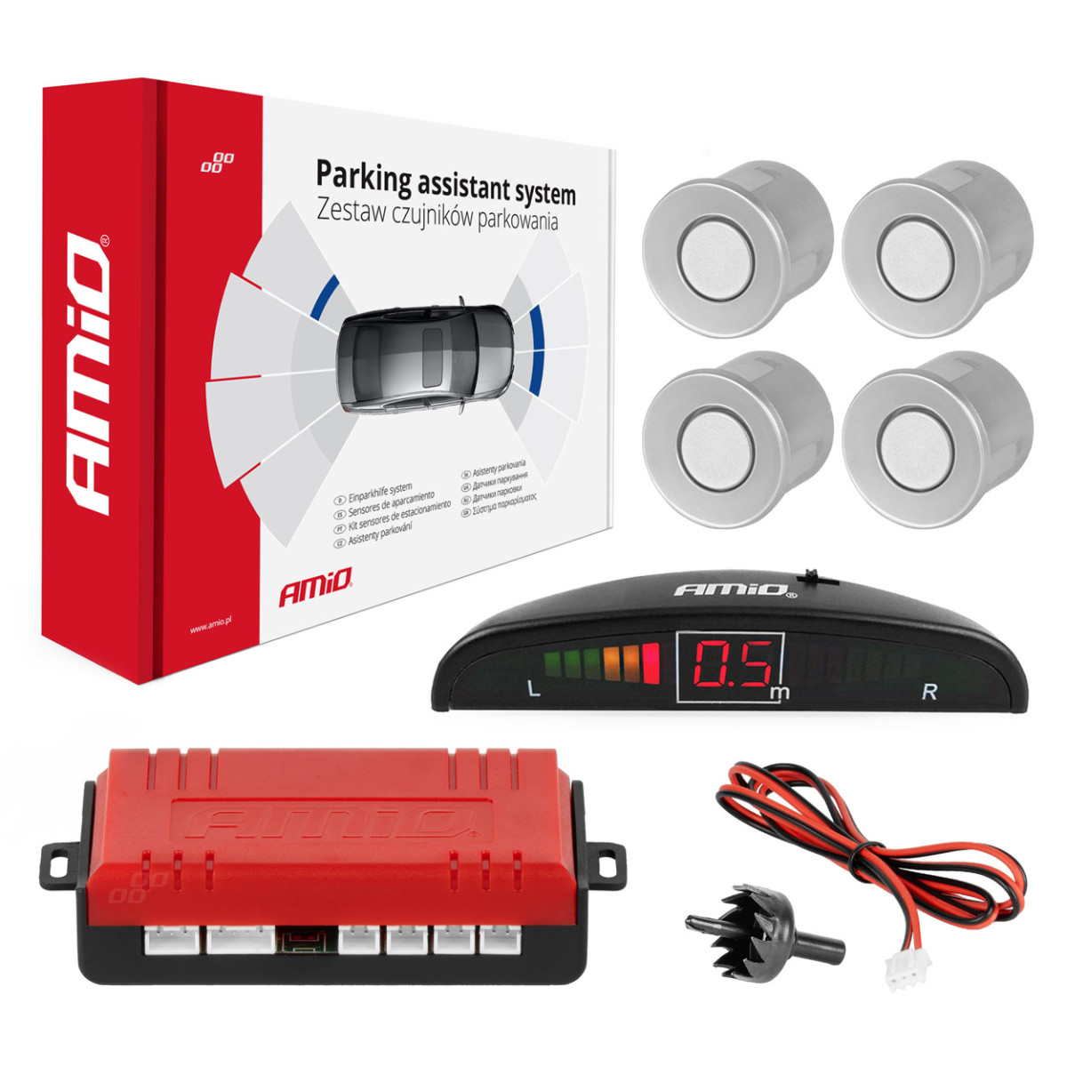 Parking assistance system LED, 4 silver sensors 22 cm AMIO-01564