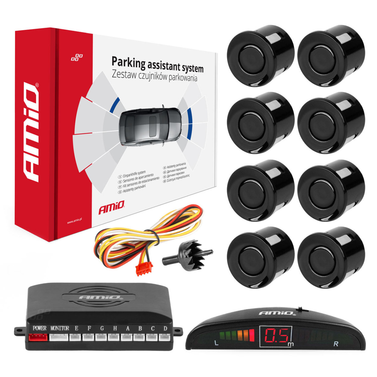 Parking assistance system LED, 8 black sensors 22 cm AMIO-01560