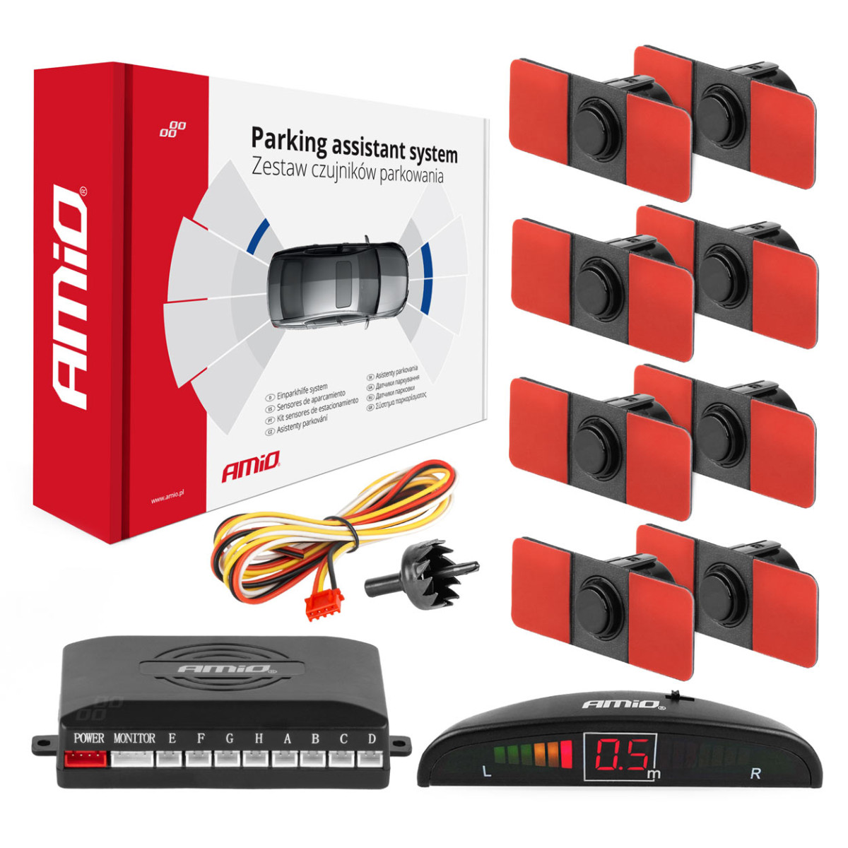 Parking assistance system LED, 8 black sensors, internal mounting 16.5 mm AMIO-02256