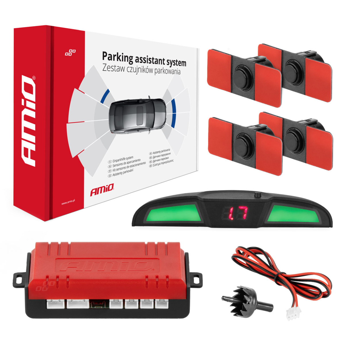 Parking assistance system LED COB, 4 black sensors, internal mounting 16.5 mm AMIO-02285