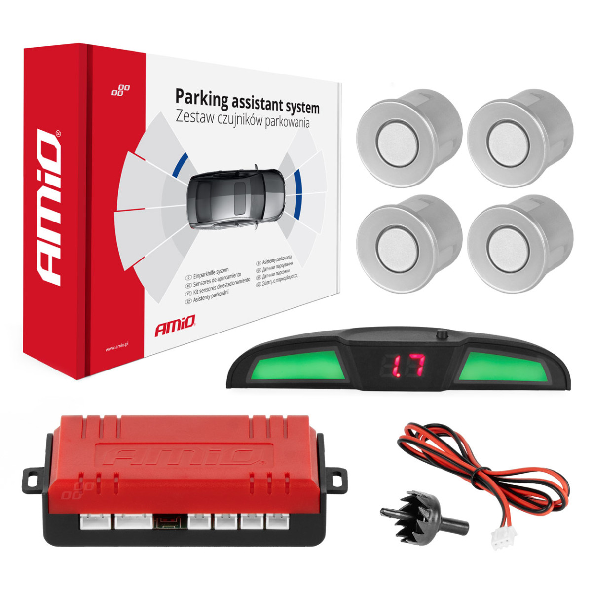 Parking assistance system LED COB, 4 silver sensors 22 mm AMIO-02282
