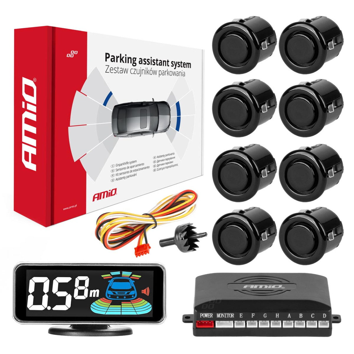 Parking assistance system LED-GRAF 3D, 8 black sensors GOLD 18 mm AMIO-03192
