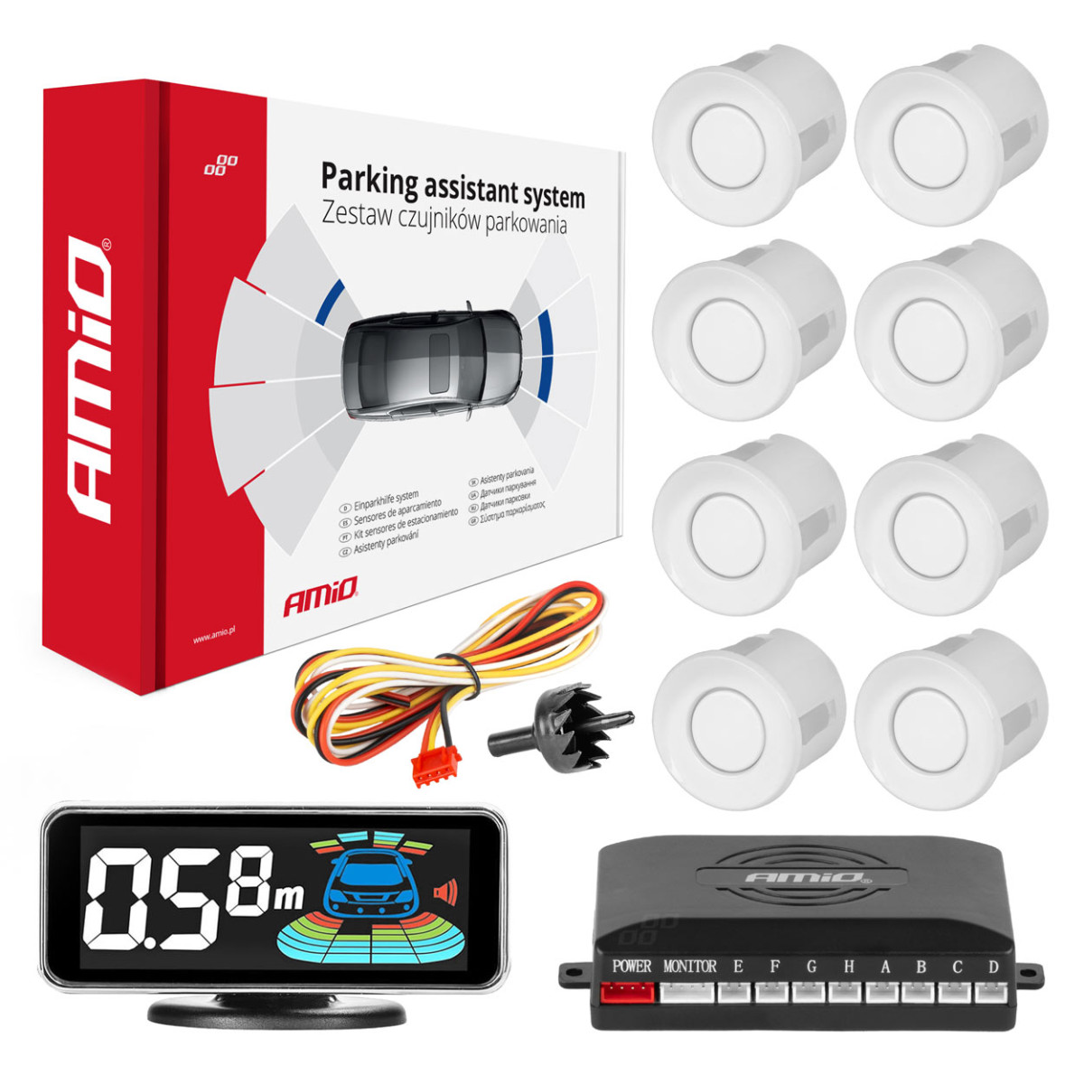 Parking assistance system LED-GRAF 3D, 8 white sensors 21.5 mm AMIO-03194