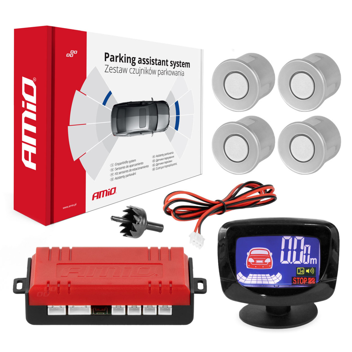 Parking assistance system LED-GRAF, 4 silver sensors 22 mm AMIO-01561