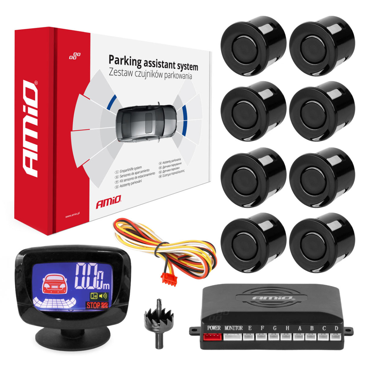 Parking assistance system LED-GRAF, 8 black sensors 22 mm AMIO-01559
