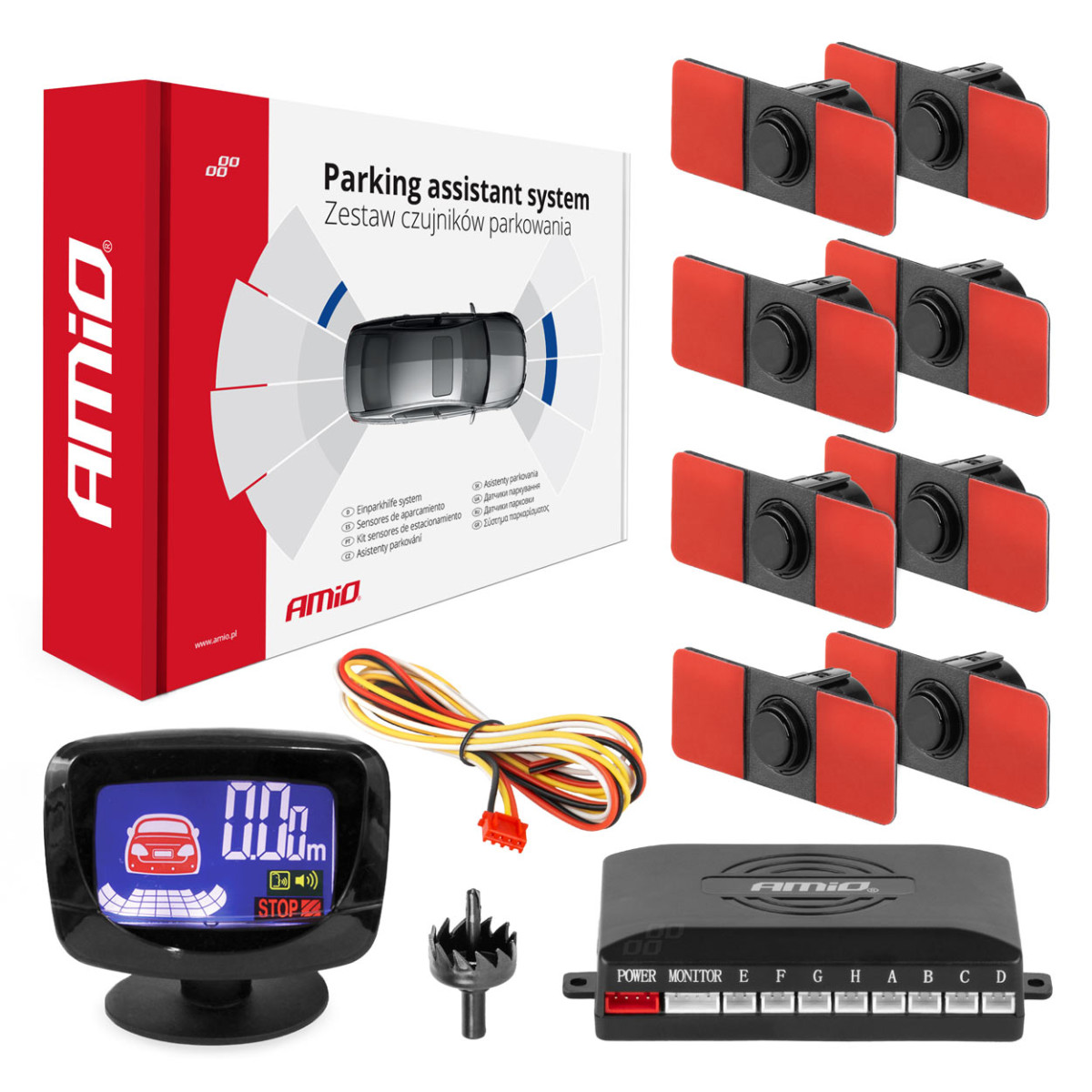Parking assistance system LED-GRAF, 8 black sensors 16.5 mm, internal installation AMIO-02258