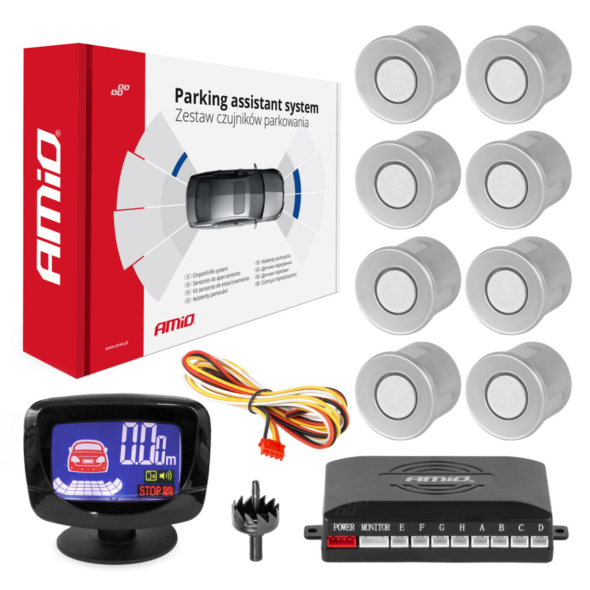 Parking sensor set LED-GRAF, 8 silver sensors 22 mm AMIO-01597