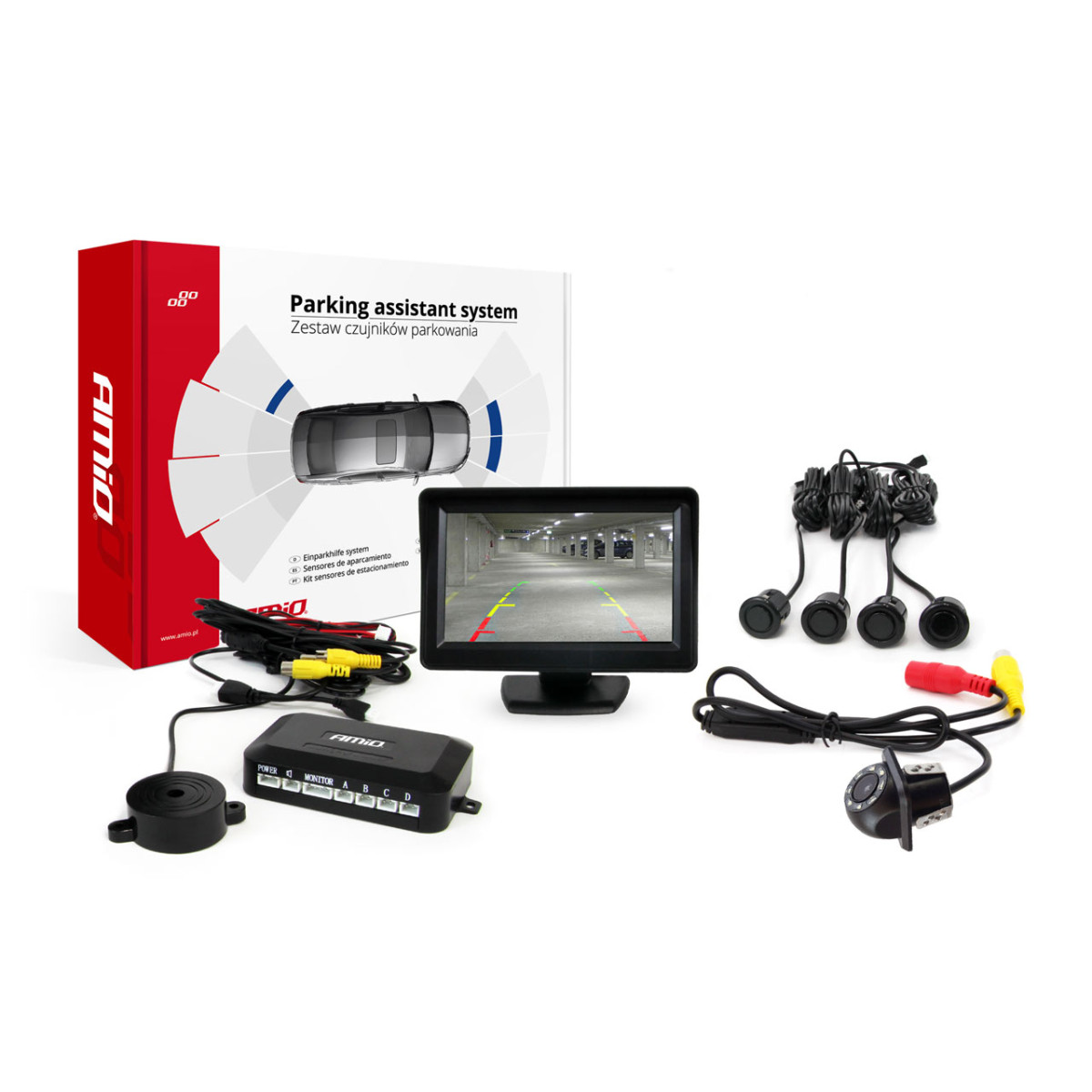 Parking assistance system TFT01 4.3" with HD-305 LED camera, 4 black sensors GOLD 28 mm