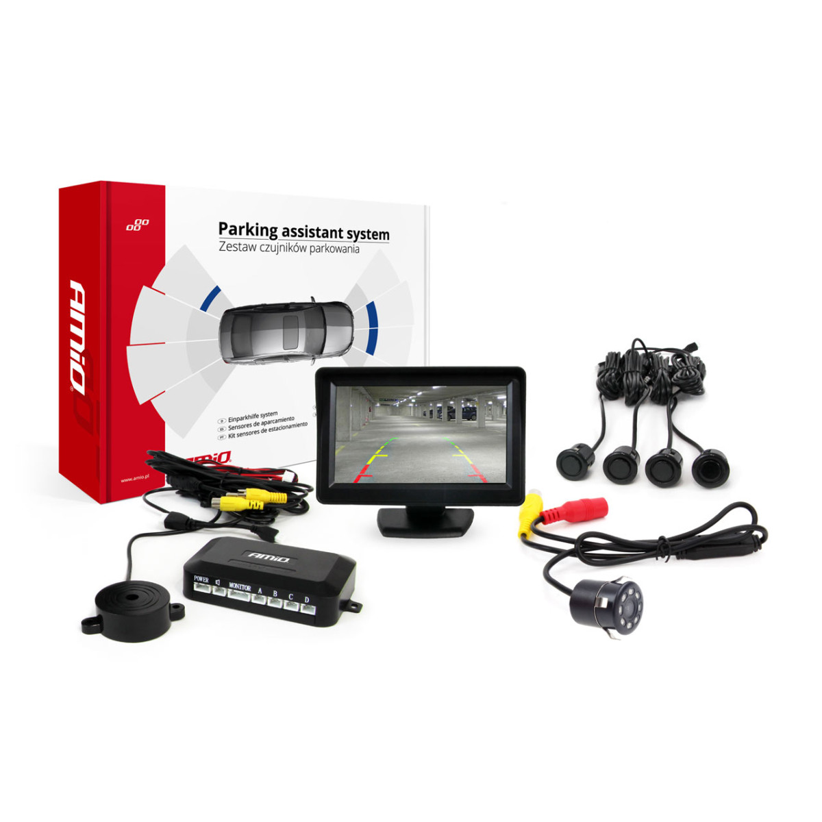 Parking assistance system TFT01 4.3" with HD-307-IR LED camera, 4 black sensors GOLD 18 mm