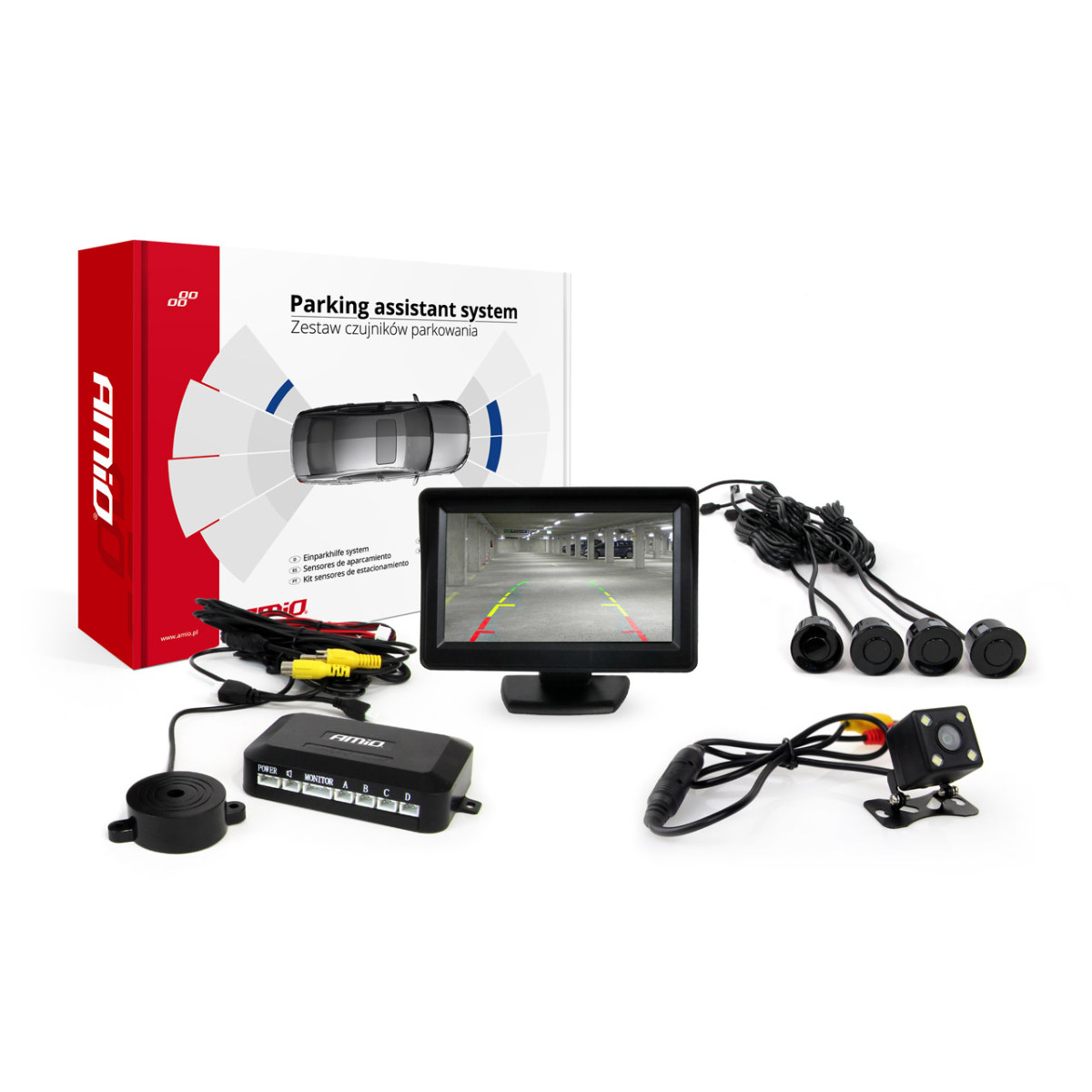 Parking assistance system TFT01 4.3" with HD 315 LED camera, 4 black sensors 22 mm
