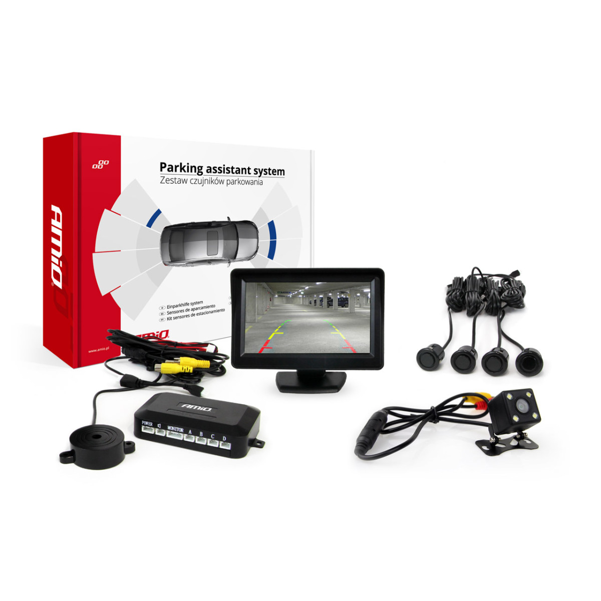 Parking assistance system TFT01 4.3" with HD 315 LED camera, 4 black sensors GOLD 18 mm