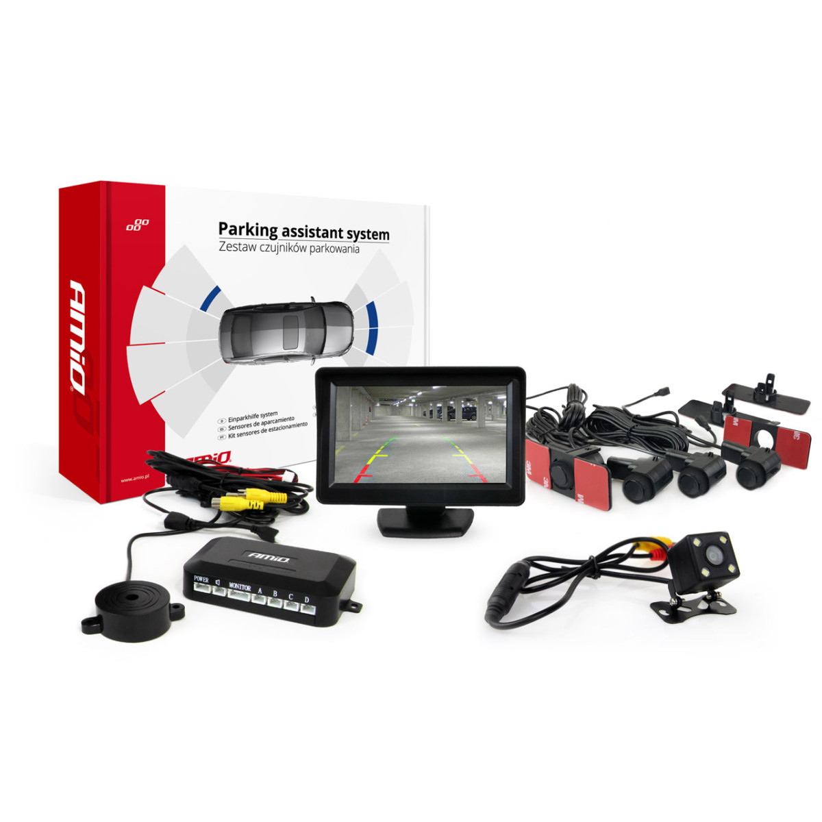 Parking assistance system TFT01 4.3" with HD 315 LED camera, 4 black sensors 16.5 mm, internal installation