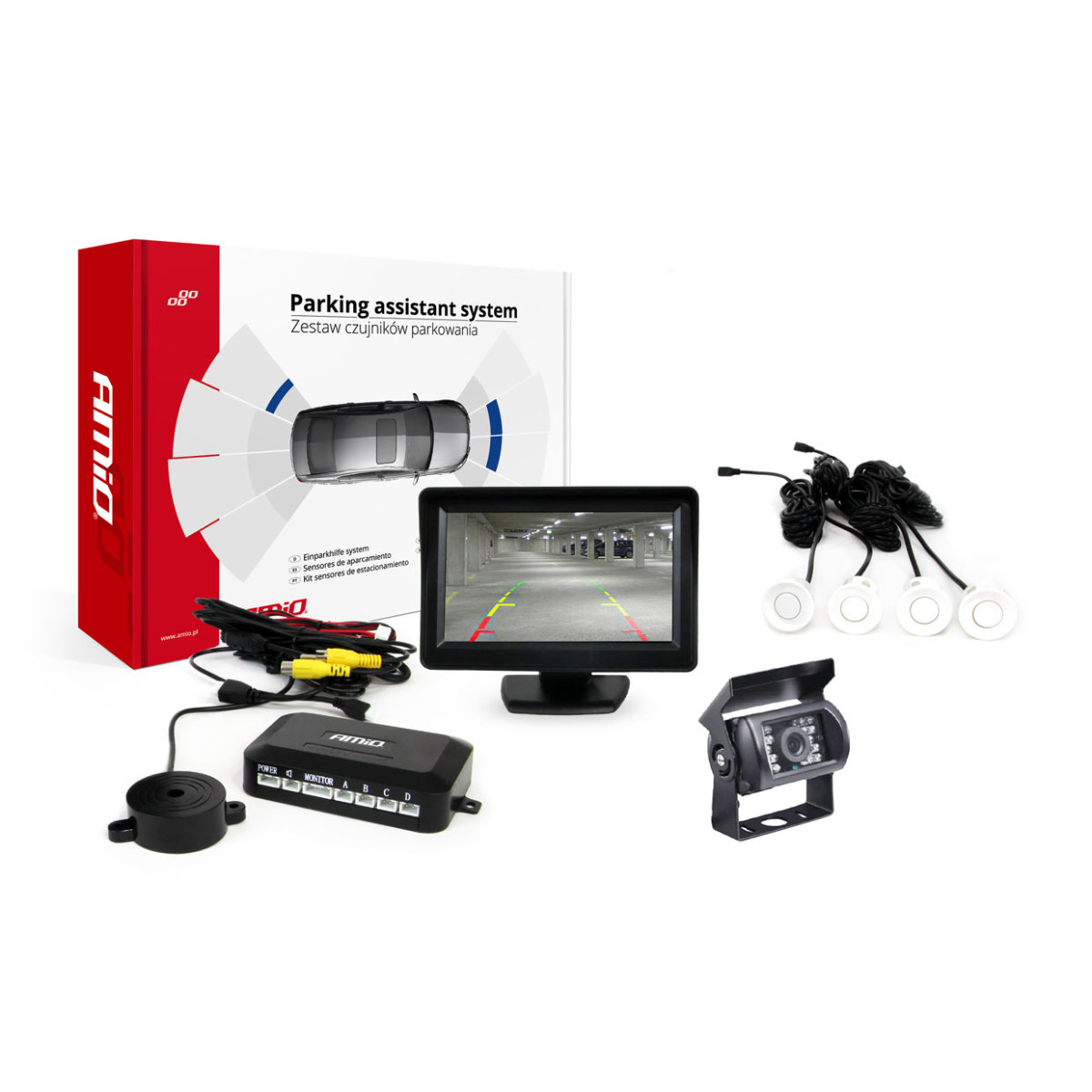 Parking assistance system TFT01 4.3" with HD-501-IR camera, 4 white sensors