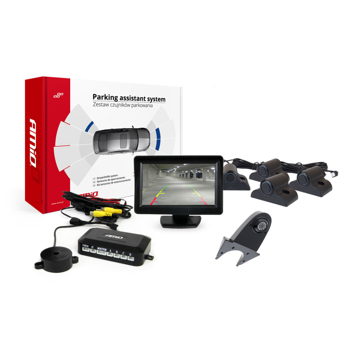 Parking assistance system TFT01 4.3" with HD-502-IR camera, 4 black sensors, for trucks