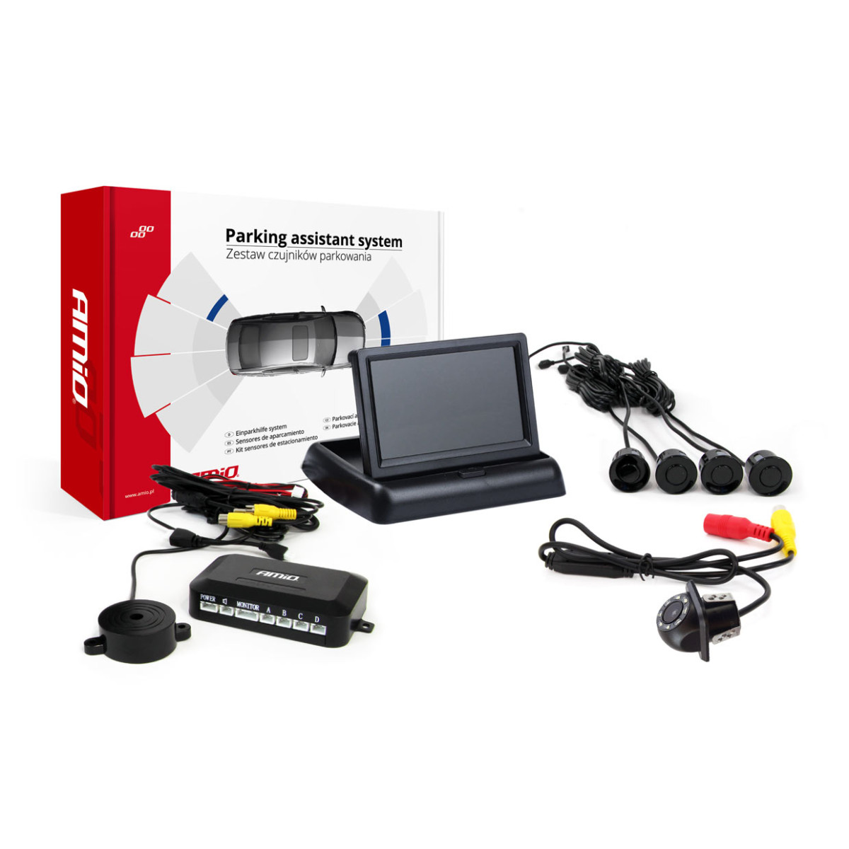 Parking assistance system TFT02 4.3" with HD-305-LED camera, 4 black sensors