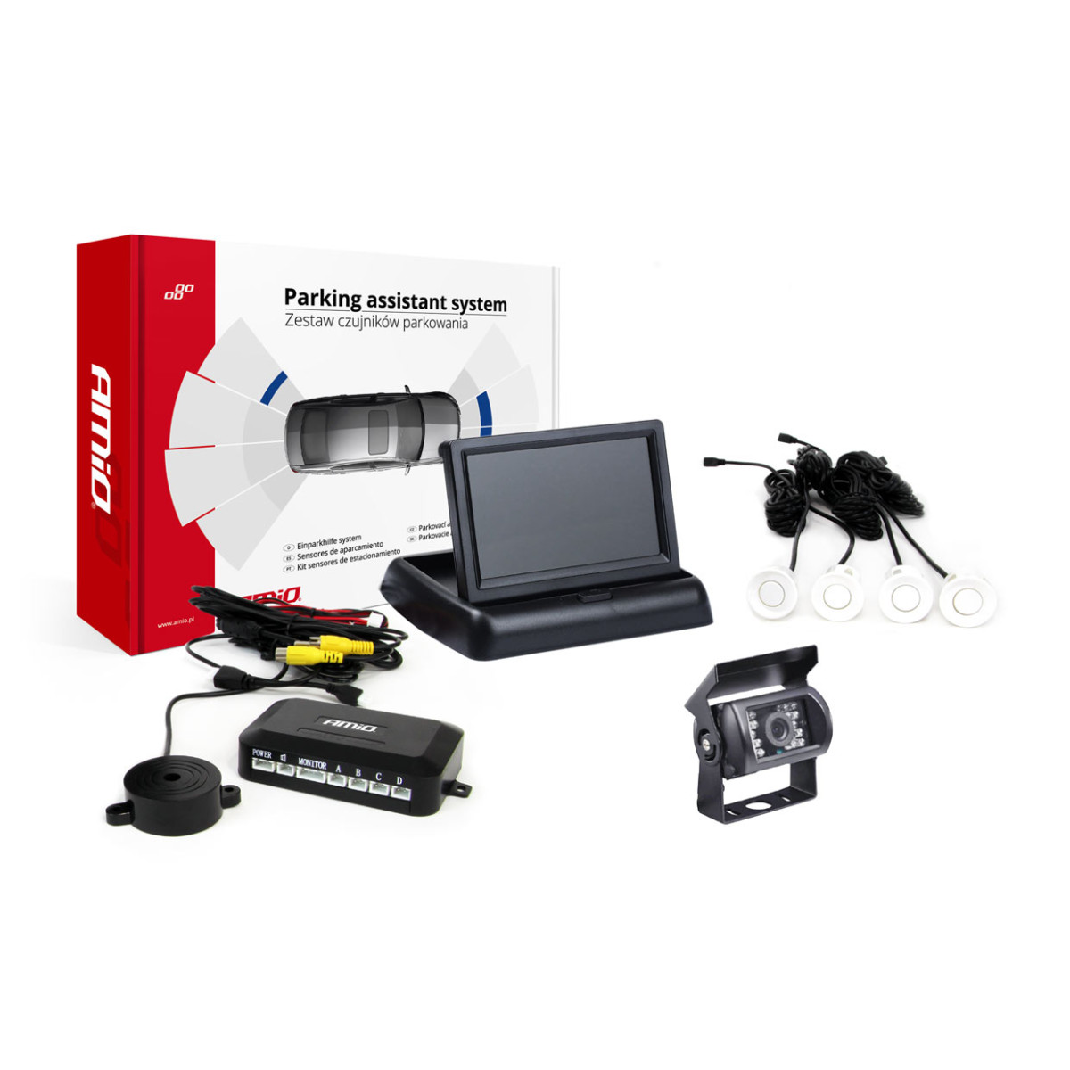 Parking assistance system TFT02 4.3" with HD-501-IR camera, 4 white sensors