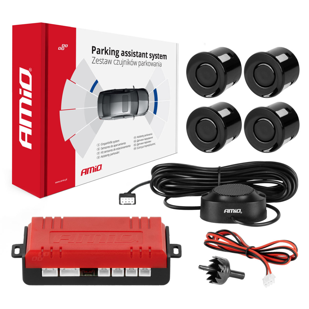 Parking assistance system with sound signal, 4 black sensors 22 mm AMIO-01567