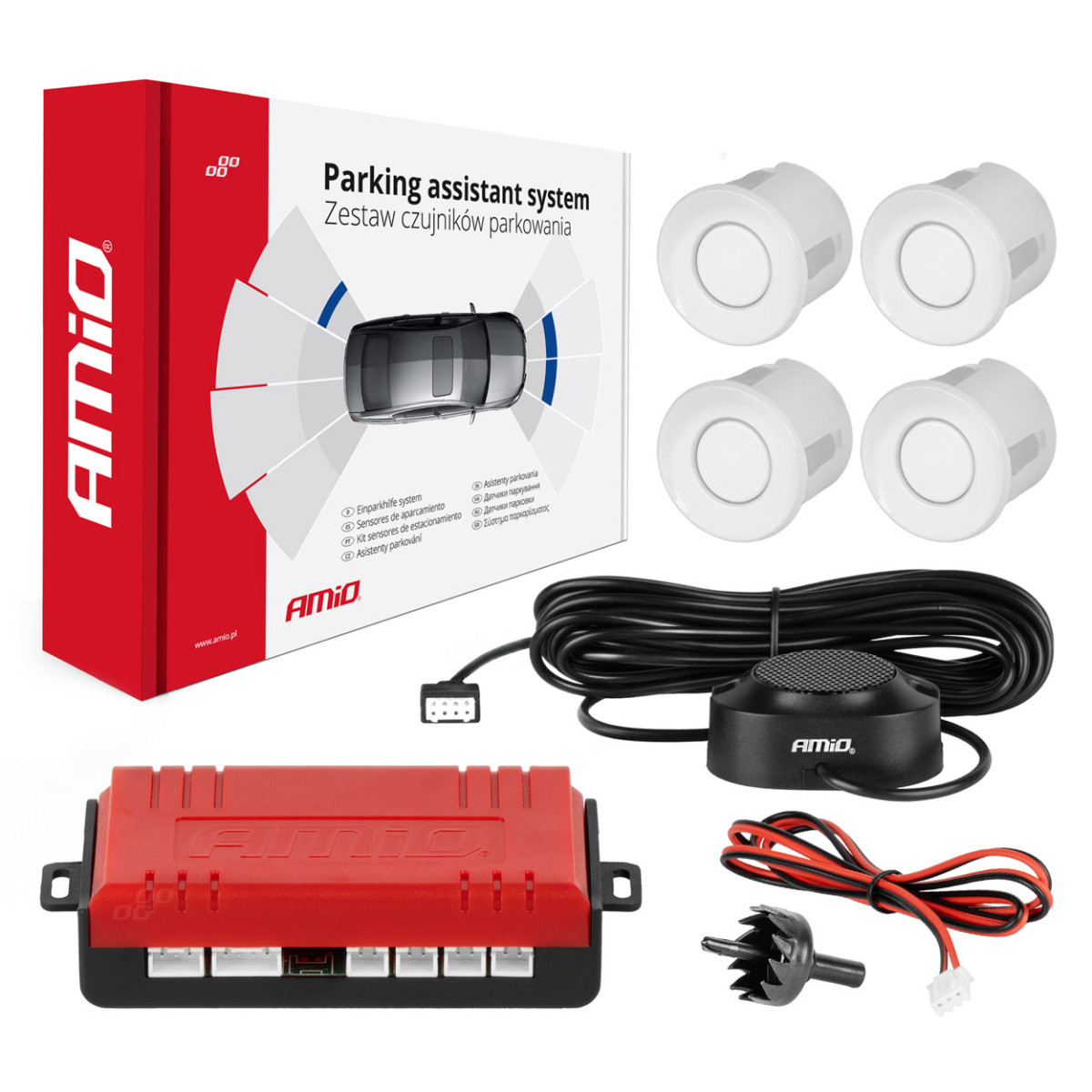 Parking assistance system with sound signal, 4 white sensors 22 mm AMIO-01568