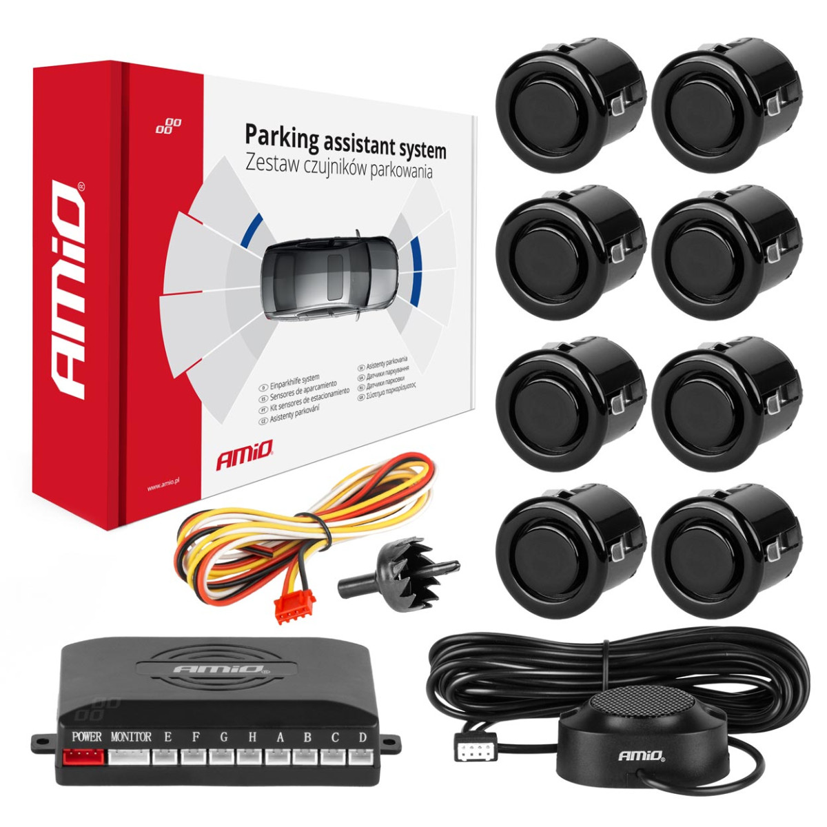 Parking assistance system with sound signal, 8 black sensors GOLD 18mm AMIO-01604