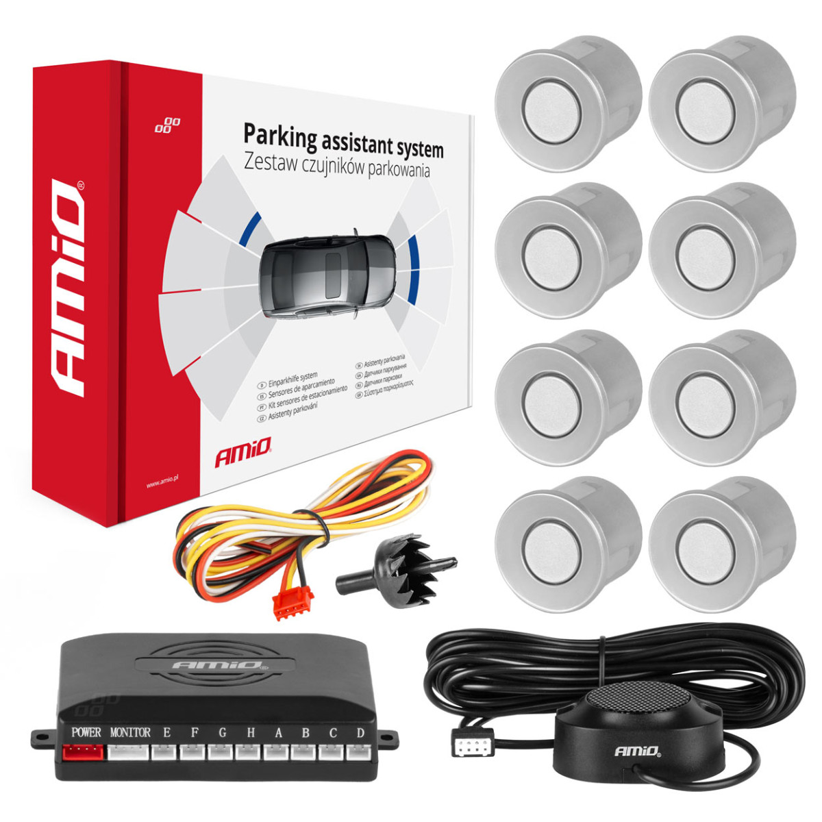 Parking assistance system with sound signal, 8 silver sensors 22 mm AMIO-01596