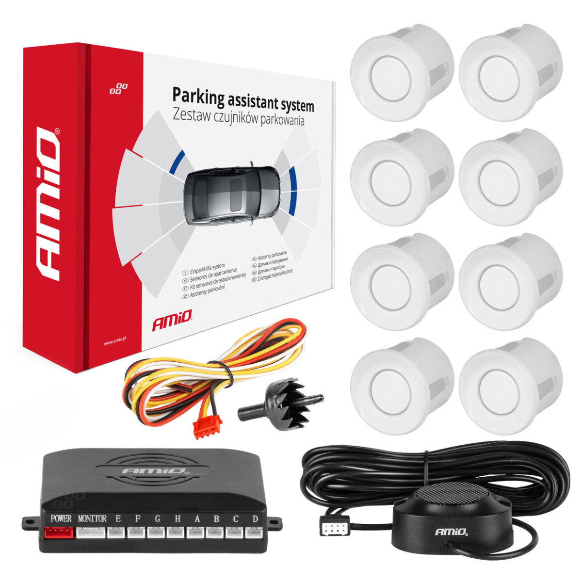 Parking assistance system with sound signal, 8 white sensors 22 mm AMIO-01599