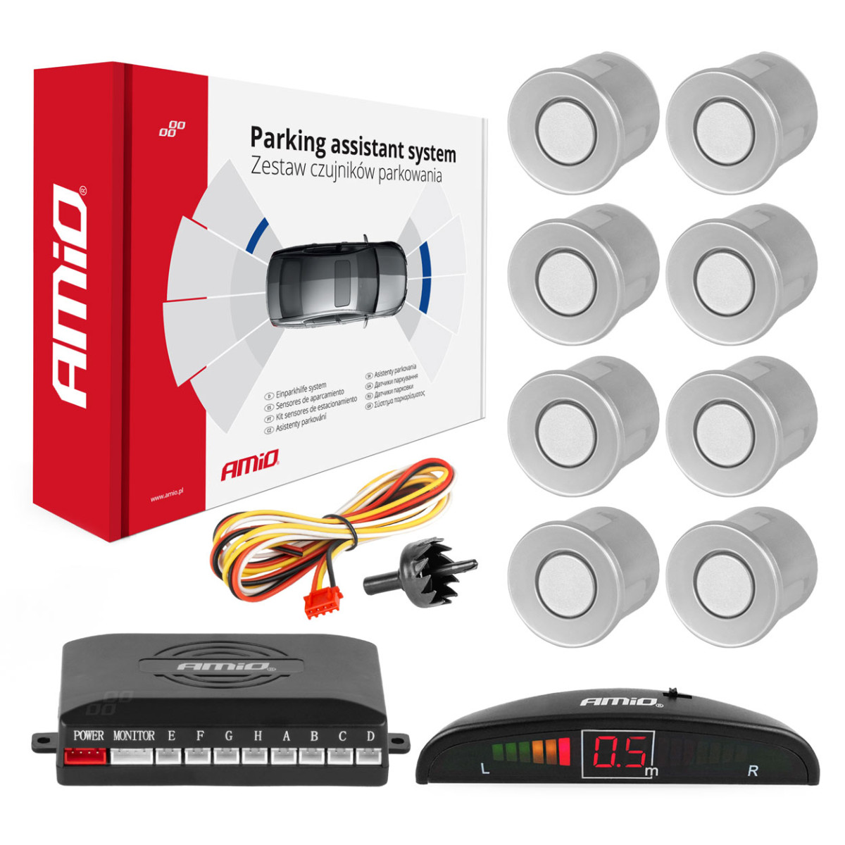 Parking assistance system LED, 8 silver sensors 22 mm AMIO-01598