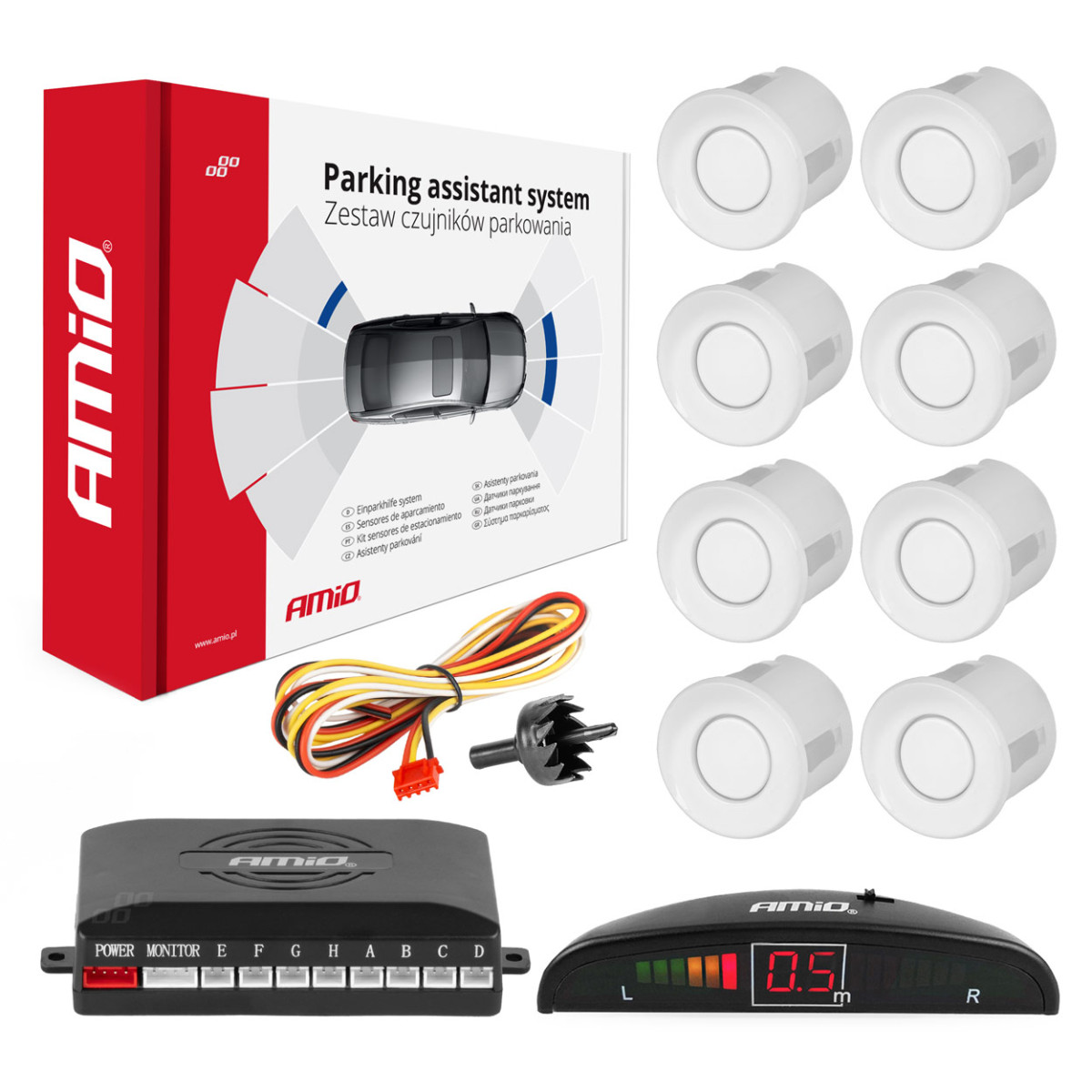 Parking assistance system LED, 8 white sensors 22 mm AMIO-01601