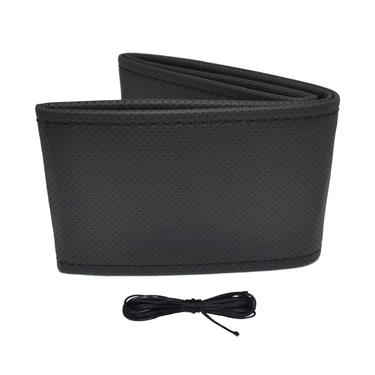 Perforated steering wheel cover with needle and thread 38-39 cm - black / black stitching