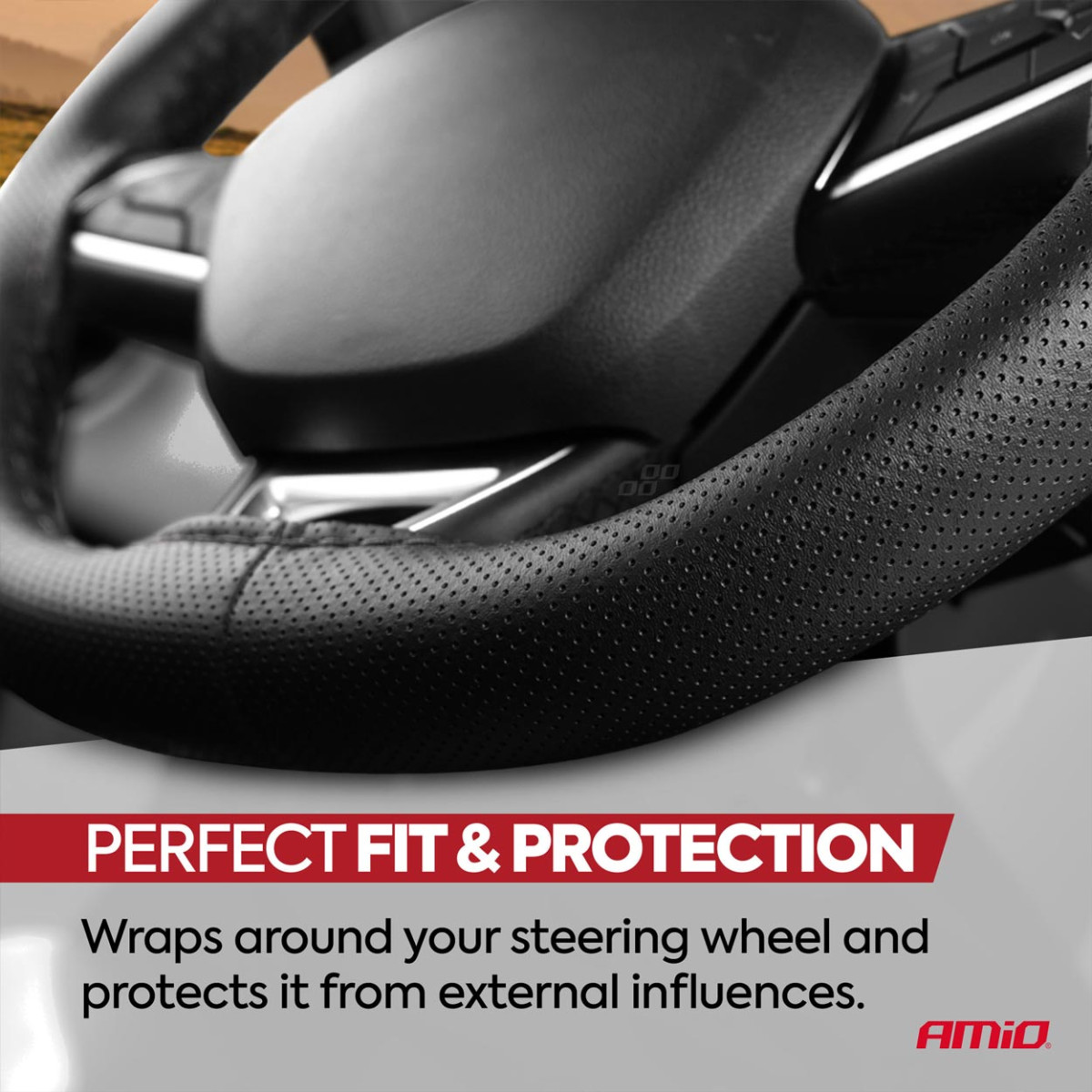 Perforated steering wheel cover with needle and thread 38-39 cm - black / black stitching