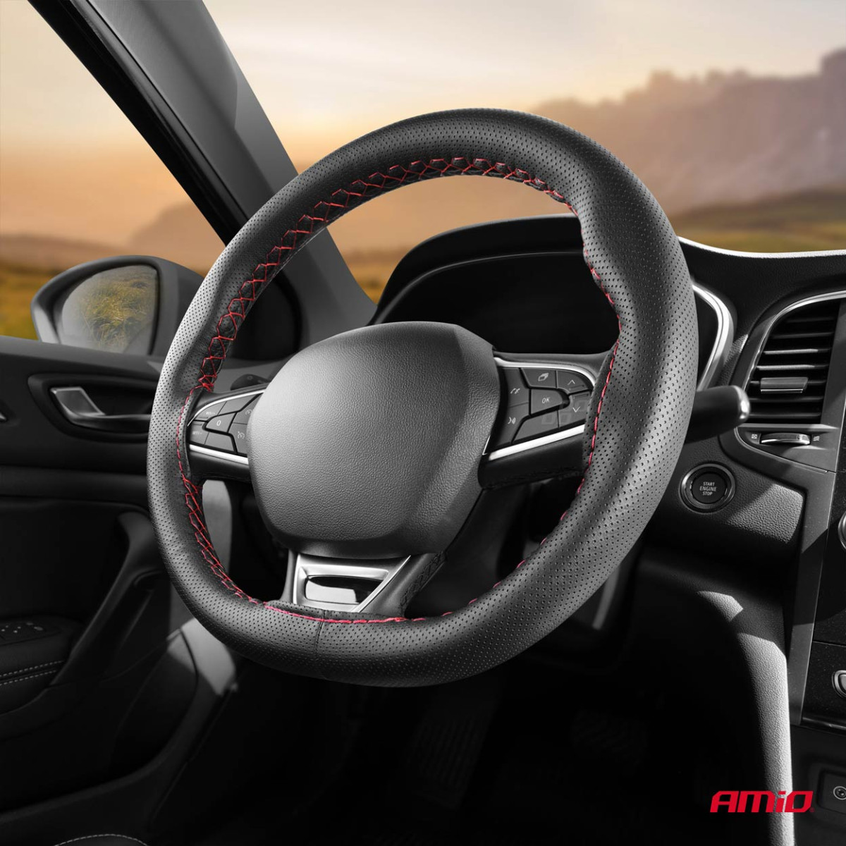 Perforated steering wheel cover with needle and thread 38-39 cm - black / red stitching