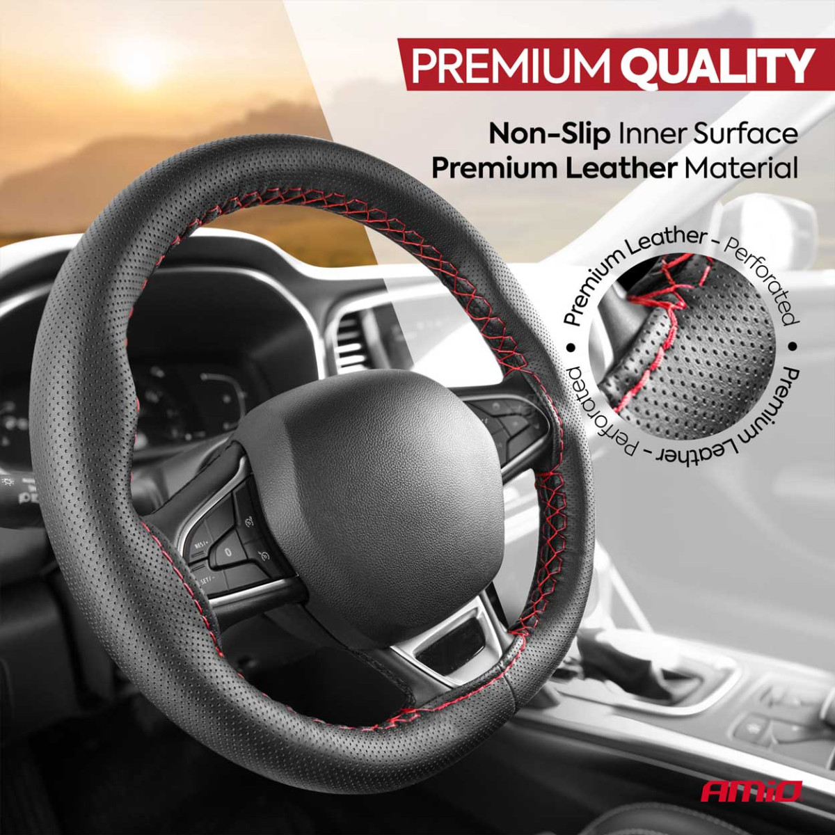 Perforated steering wheel cover with needle and thread 38-39 cm - black / red stitching