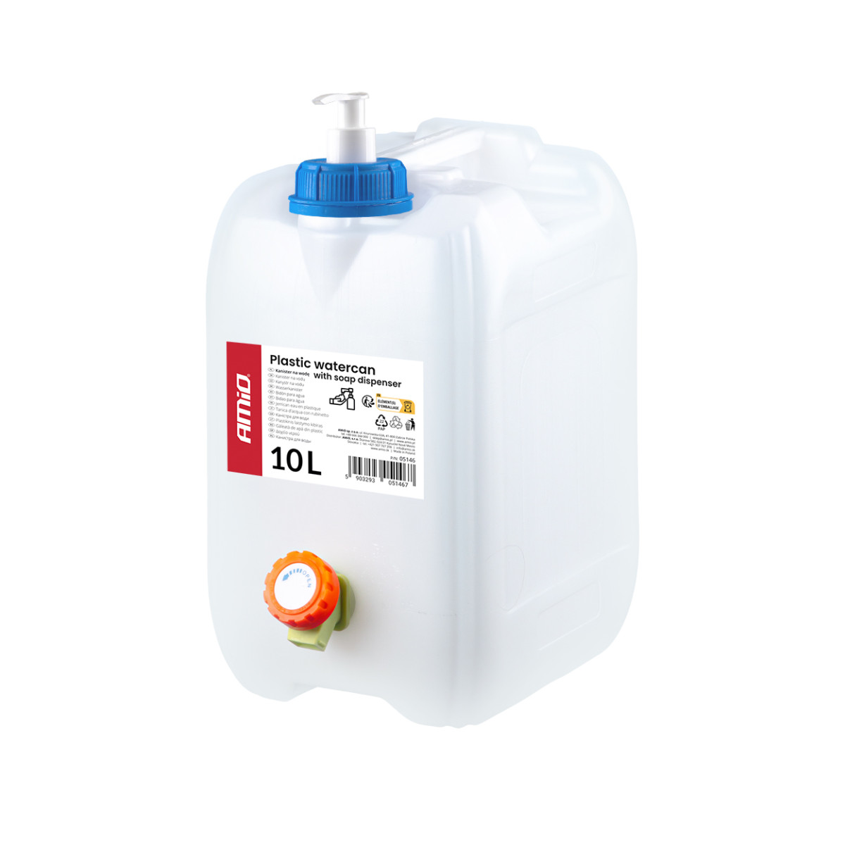 Plastic water tank with tap and soap dispenser, 10 l, AMIO-05146