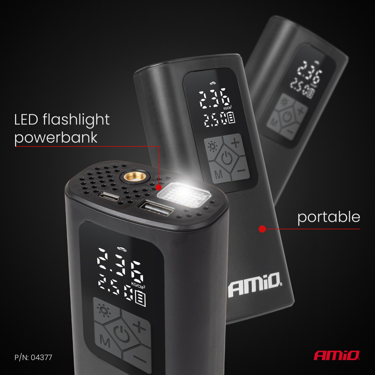 Wireless car compressor 40 W with LED, powerbank and USB-C, AMIO-04377